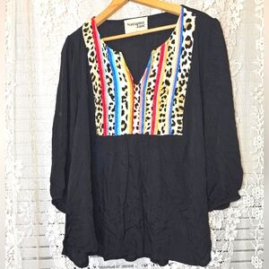 Savanna Jane, Black Flowy Boho Blouse With Embroidered, Womens L